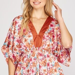 108- She + Sky NWT Coral Kimono Sleeve Floral Satin Top w/ Tie Back Size, S,M,L